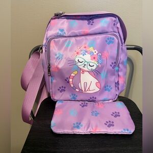Purple Cat Paw Print Crossbody Bag 11x10 Cute Kitty with pouch